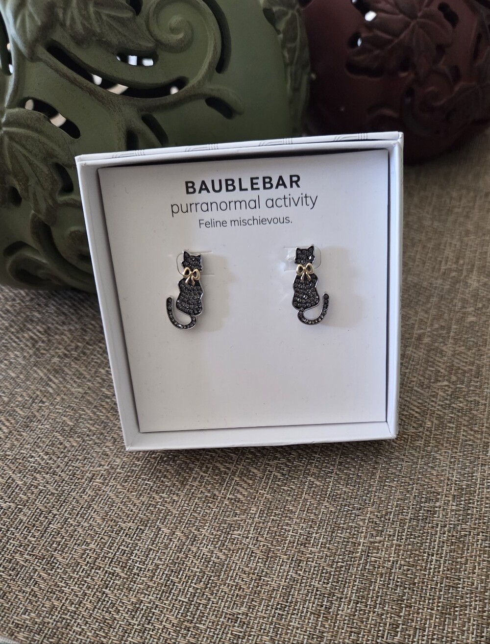 BaubleBar Black Cat Stud Earrings with Gold Bow Accents